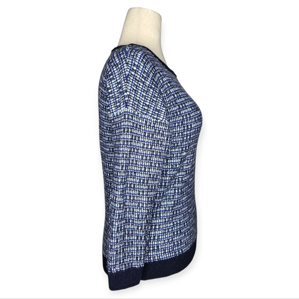 J.Crew Blue Plaid Tweed Knit Wool Blend Sweater Large 3/4 Sleeve